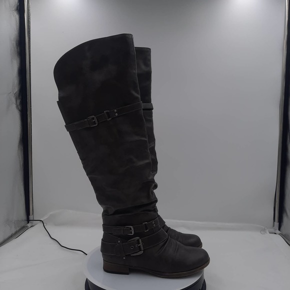 Just Fab Catlia GrayBrown Strappy Buckle inside zip knee high riding boots 7 - Picture 1 of 9